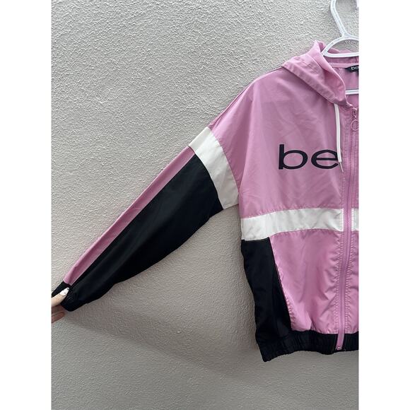 Bebe Womens Jacket Size Medium Pink Colorblock Zip Up Windbreaker Hooded - Picture 2 of 13